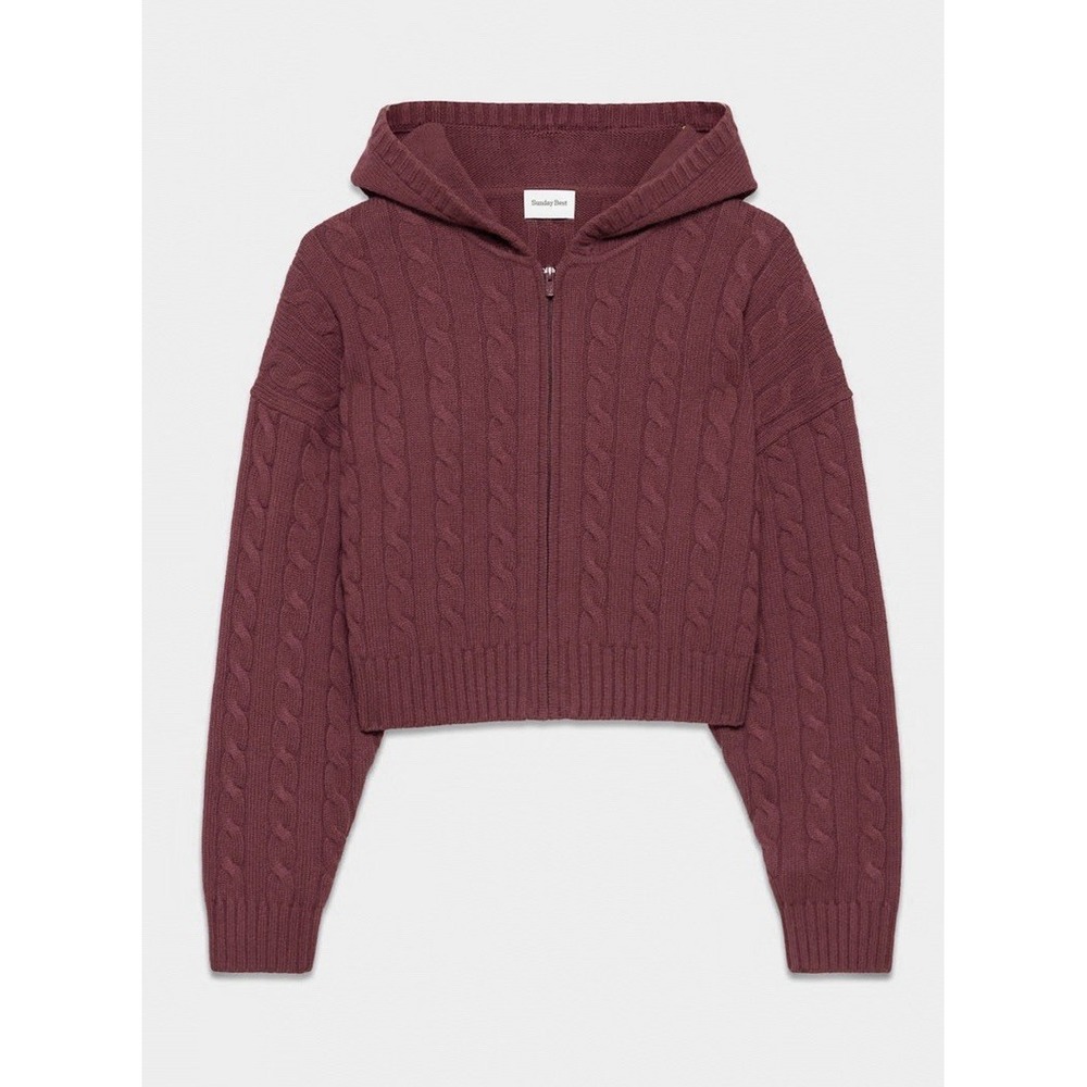 ARITZIA Sunday Best Octavia Cottage Cable Knit Zip Hoodie Size Small Burgandy